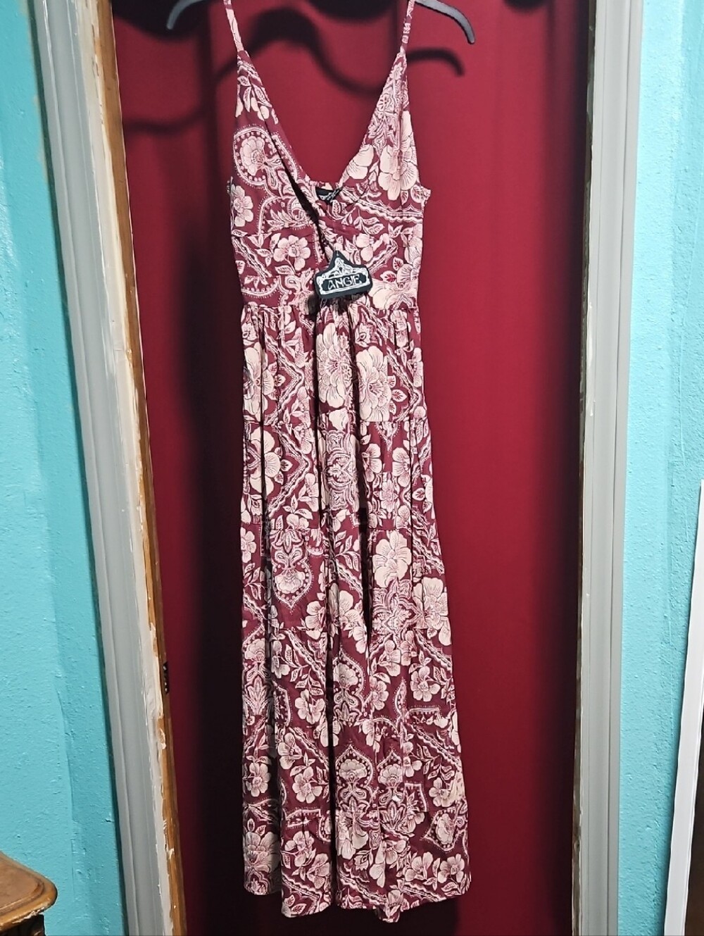 Angie Burgundy and Cream Floral Spaghetti-Strap Maxi Dress